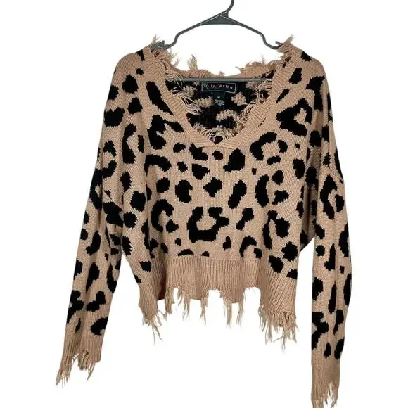 Polly & Esther Pullover Sweater Size M Leopard Print Fringe Cropped - Picture 1 of 6